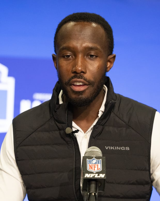 Feb 27, 2024; Indianapolis, IN, USA; Minnesota Vikings general manager Kwesi Adofo-Mensah talks to the media at the 2024 NFL Combine at Indiana Convention Center.